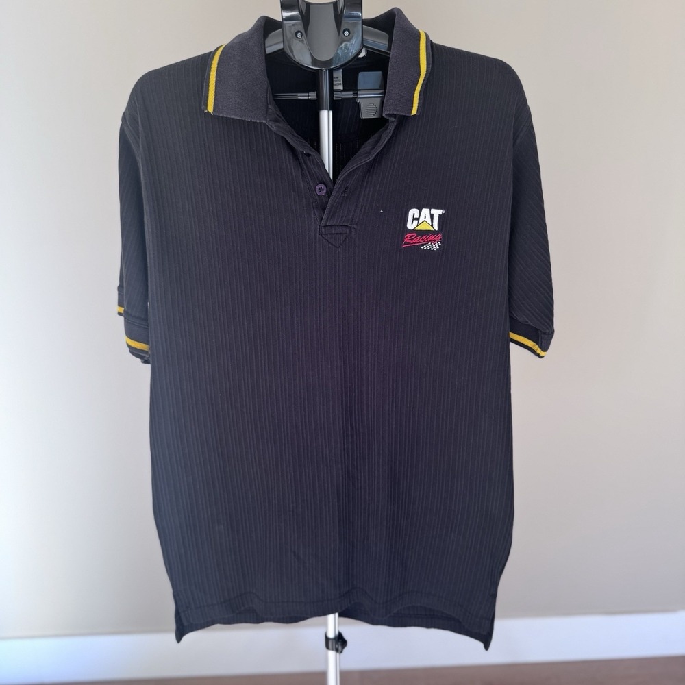 Vintage CAT Racing Men's Large Polo Black‎ Caterpillar Norscot Mequon WI USA